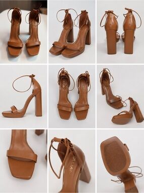 Miss Lola Tan Block Heel Sandals with Ankle Tie